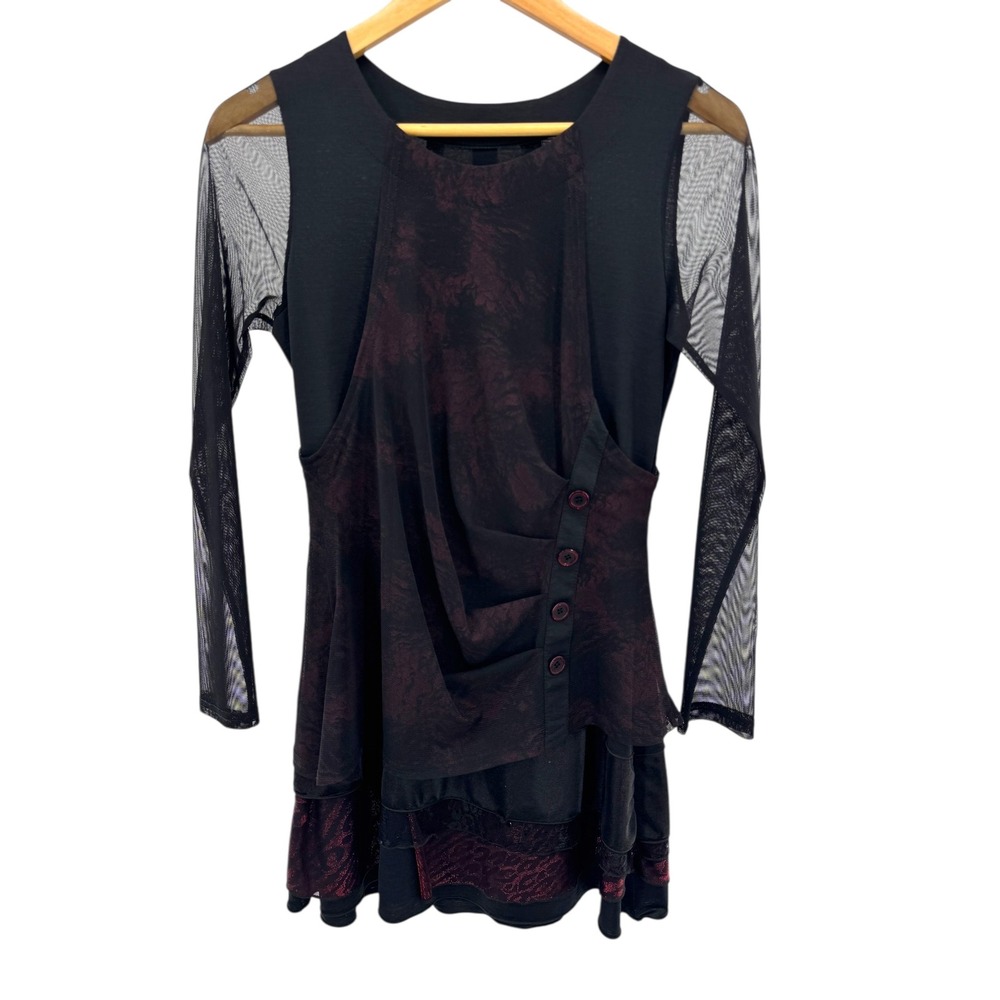 Gothic Whimsygoth Boho Mesh Layered Asymmetrical‎ Tunic Top Black Red Lace M/L